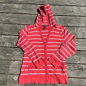 Lauren Ralph Lauren jeans Hooded button up vneck cardigan peach & whits stripe L